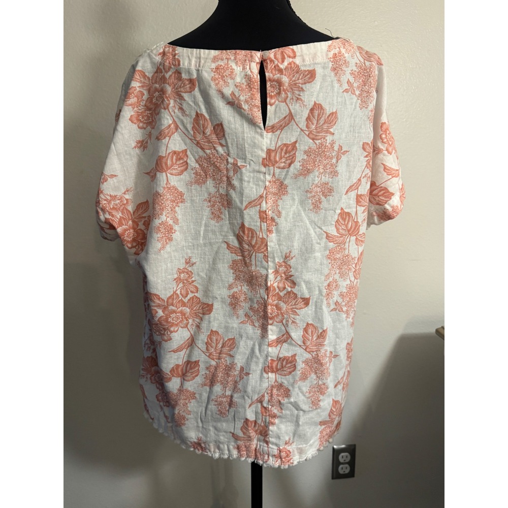 Liz Claiborne Peach Floral Linen Blend Short Sleeve Fringed Hem Blouse Large